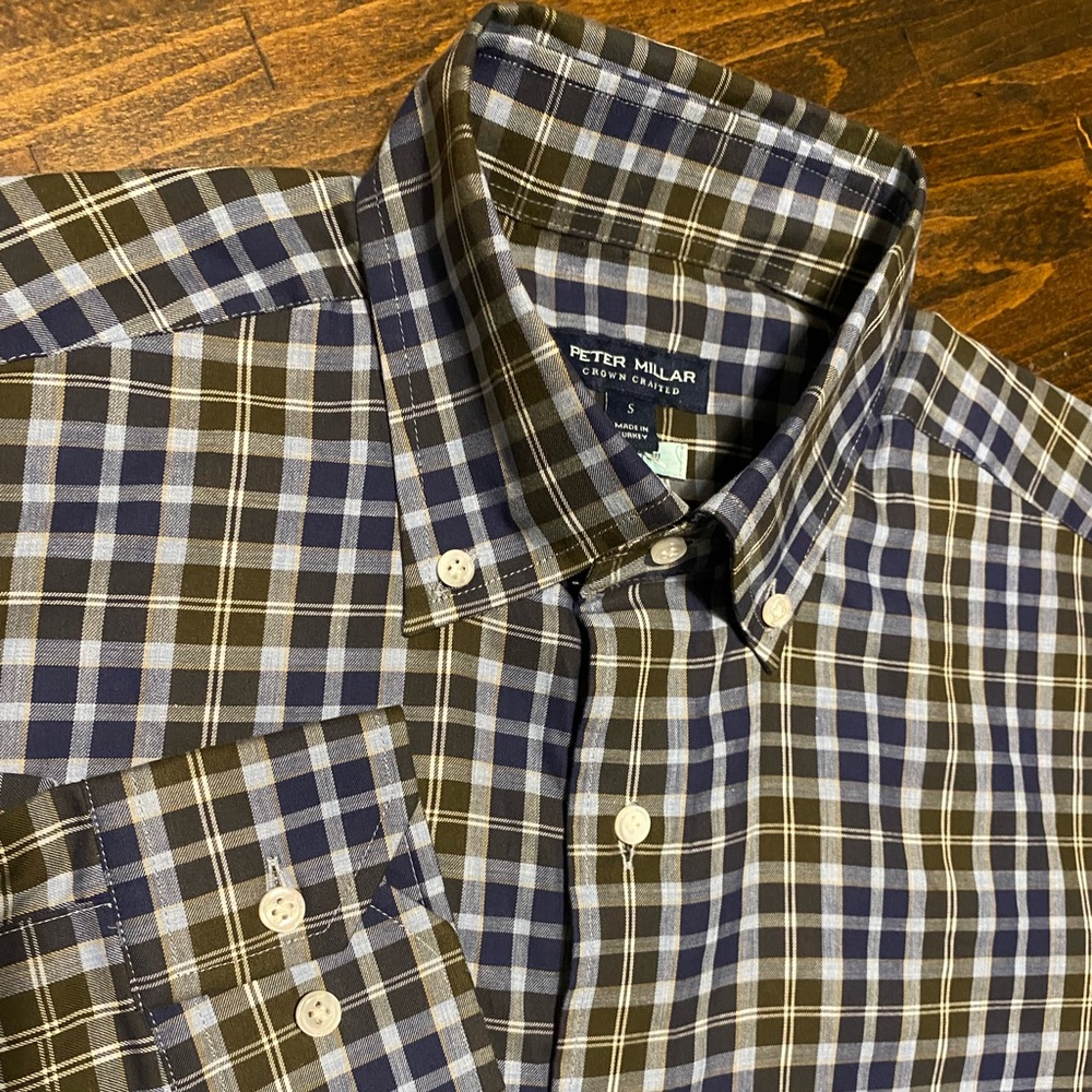 Peter Millar Crown Crafted Winter Soft Twill Men’s S Blue Plaid Sport Shirt NWT